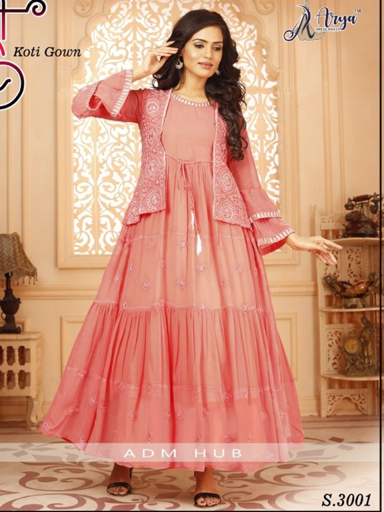 Buy Now Sanari Pink Georgette New Embroidery Beautiful Party Wear Gown With Koti For Women Wear At Arya Dress Maker