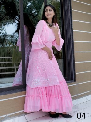 Kasturi Pink Georgette Designer Embroidary Gown With Koti For Women Wear D4