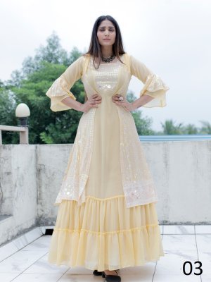 Kasturi Yellow Georgette Designer Embroidary Gown With Koti For Women Wear D3