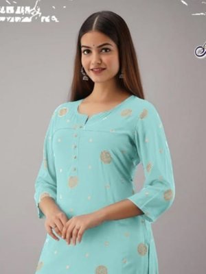 Keek Light Blue Reyon Cotton Beautiful Party Wear Embroidery Kurti Plazzo For Women Wear D6 party wear kurtis