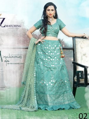 Zmatching Blue Naps Satin Mirror Work Lehenga With Unstitched Blouse For Women Wear D2